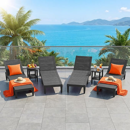 Outdoor Lounge Chairs Set of 4, 5-Position Adjustable Tanning Chairs with Wood Grain, All-Weather Resin Patio Recliners for Pool, Garden, Deck, Beach, Patio Lounge Chairs, Texture Black