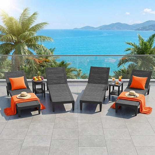 Outdoor Lounge Chairs Set of 4, 5-Position Adjustable Tanning Chairs with Wood Grain, All-Weather Resin Patio Recliners for Pool, Garden, Deck, Beach, Patio Lounge Chairs, Texture Black