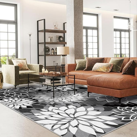 4x6 Outdoor Area Rug Washable Multicolored Patio Rug Tropical Botanical Floral Chenille Waterproof Outdoor Carpet for Living Room, Deck, Backyard, Porch, Black