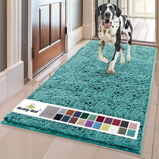Muddy Mat® | Super Water Absorbent Door Mat Indoor, Microfiber Quick Dry Chenille Entryway Rug, Slip Resistant Front Door Mat, Indoor Mats for Entryway, Machine Washable Pet Rug, Teal 24" x 120"