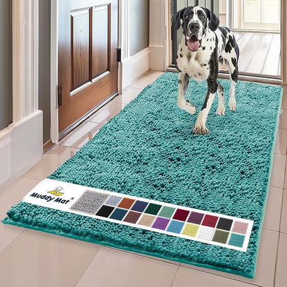 Muddy Mat® | Super Water Absorbent Door Mat Indoor, Microfiber Quick Dry Chenille Entryway Rug, Slip Resistant Front Door Mat, Indoor Mats for Entryway, Machine Washable Pet Rug, Teal 36" x 120"