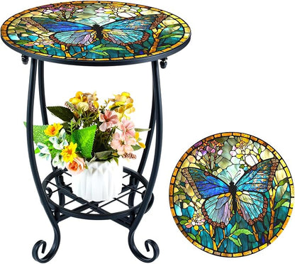 Cinnvoice Outdoor Side Table Round Small Mosaic Patio Accent Indoor End Plant Coffee Tea Table for Yard Patio Porch Garden Living Room, Bedroom(Butterfly Style,12 Inch)