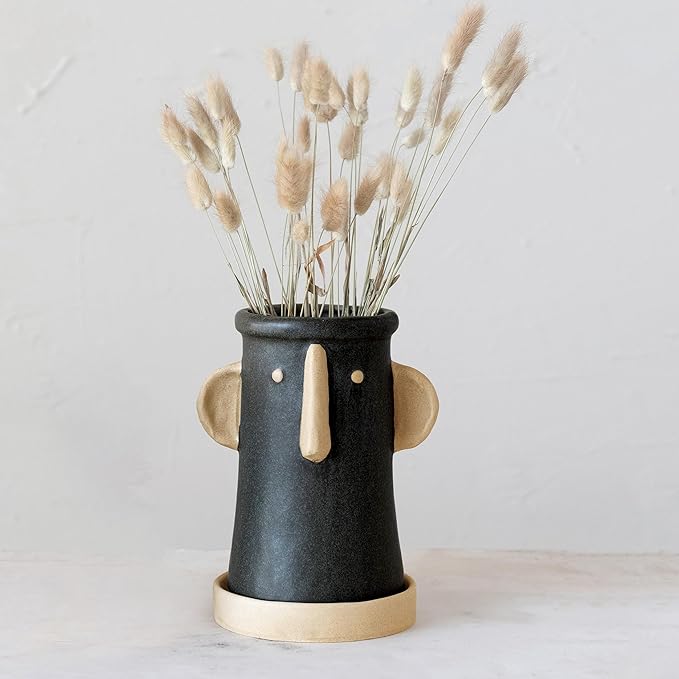 Creative Co-Op Stoneware Face Planter with Saucer, Set of 2, Matte Black and Cream, 9"
