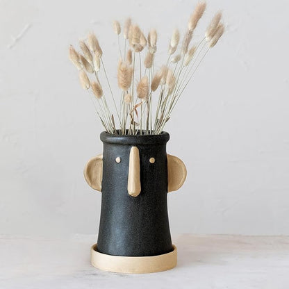 Creative Co-Op Stoneware Face Planter with Saucer, Set of 2, Matte Black and Cream, 9"