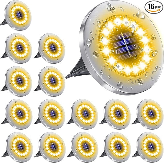 NFESOLAR 16 Pack Solar Outdoor Lights, 16 LEDs Bright Solar Ground Lights Pathway Lights Waterproof for Pathway Garden Yard Lawn Walkway Driveway (Warm White)