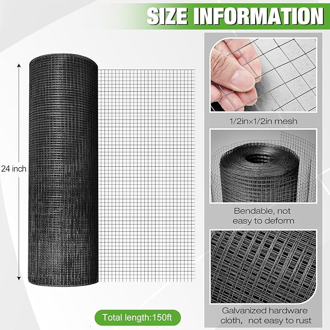 Tatuo Hardware Cloth 1/2 Inch 24 in x 200 ft Hot Dip Galvanized After Welded Cage Mesh Rolls 21 Gauge Metal Chicken Wire Roll Wire Fencing Poultry Netting for Raised Garden Rodent Animals(Black)