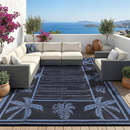Garvee Outdoor Rug 8x10 Waterproof for Patios, Reversible Plastic Straw Rug, Tropical Leaf Indoor Outdoor Rugs, Large Area Rug for RV, Camping, Deck, Picnic Mat, Outside Carpet