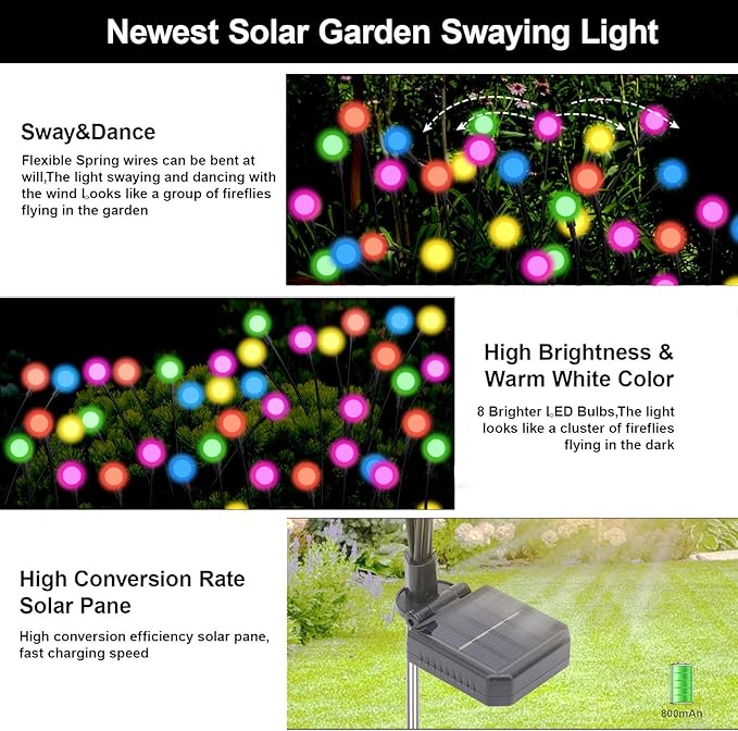 Solar Firefly Lights Multicolor, 8 Pack 800mAh Swaying Firefly Garden Lights Solar Powered Outdoor Waterproof Color Changing for Outside Yard Patio Lawn Pathway Walkway Stake Christmas Decor