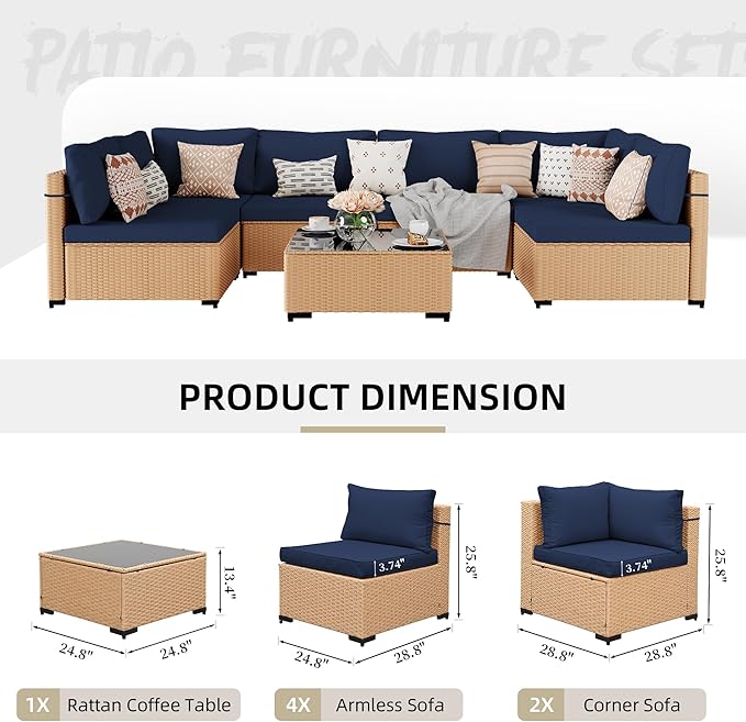 UPHA 7 Pieces Patio Furniture Sets Outdoor Sectional Sofa Wicker Conversation Couch for Decks, Backyards, Gardens, Yellow Rattan, Navyblue Cushion