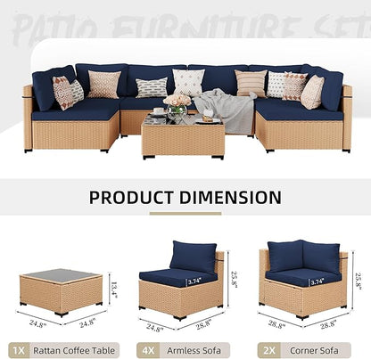 UPHA 7 Pieces Patio Furniture Sets Outdoor Sectional Sofa Wicker Conversation Couch for Decks, Backyards, Gardens, Yellow Rattan, Navyblue Cushion