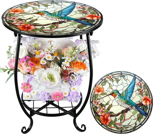 Cinnvoice Outdoor Side Table Round Small Mosaic Patio Accent Indoor End Plant Coffee Tea Table for Yard Patio Porch Garden Living Room, Bedroom(Hummingbird A Style,14 Inch)