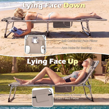 GYMAX Tanning Chair, 3 in 1 Sun Bathing Lounge Chairs with Face/Arm Holes & Side Pocket, Portable Lightweight Face Down Layout Tanning Chair for Outside, Beach, Backyard, Poolside (2, Sand)