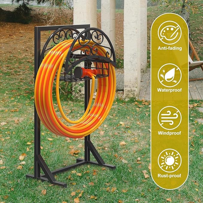 Heavy Duty Garden Hose Holder with Storage Basket, Detachable & Super Stable Water Hose Holder for Outside, Supports 160-Feet Hose, Perfect for Yard and Lawn