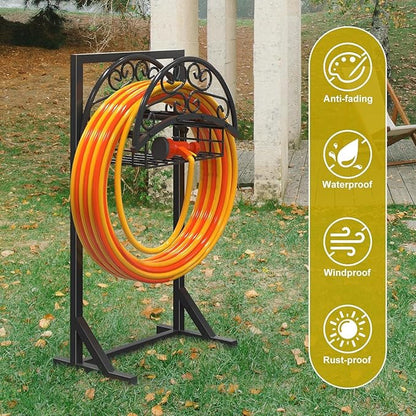 Heavy Duty Garden Hose Holder with Storage Basket, Detachable & Super Stable Water Hose Holder for Outside, Supports 160-Feet Hose, Perfect for Yard and Lawn