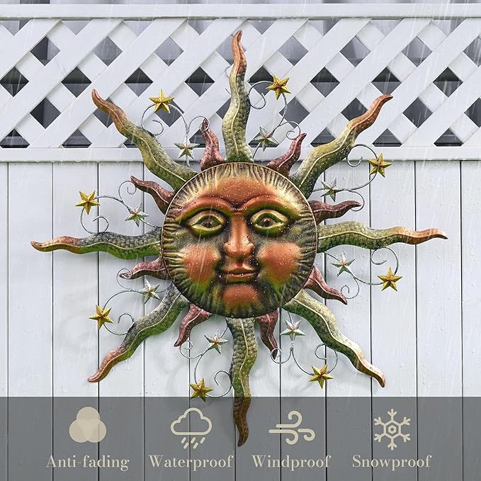 TERESA'S COLLECTIONS Sun Metal Wall Art for Outdoor Decor,25" Bronze Sun Face 3D Wall Decor for Garden Decor,Rustic Retro Hanging Sculpture for Outside Living Room Home Patio Farmhouse Gifts for Mom