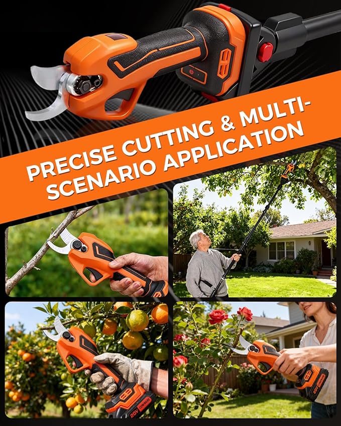 COMOWARE Electric Pruning Shears, 2-in-1 Cordless Pruner with 7ft Extension Pole, 2 × 21V 2.0Ah Battery Powered Pole Pruner, Garden Tool for Tree Trimming Branch Cutter, LCD Display