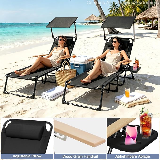 Beach Lounge Chairs with Armrests, 4-Position Folding Lounge Chairs for Outside, Sunbathing Portable Lounge Chaise, Tanning Chair Pillow & Cup Holder, for Outside Beach Pool (Black.)