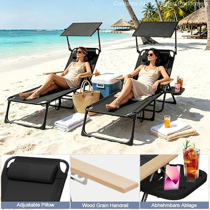 Beach Lounge Chairs with Armrests, 4-Position Folding Lounge Chairs for Outside, Sunbathing Portable Lounge Chaise, Tanning Chair Pillow & Cup Holder, for Outside Beach Pool (Black.)