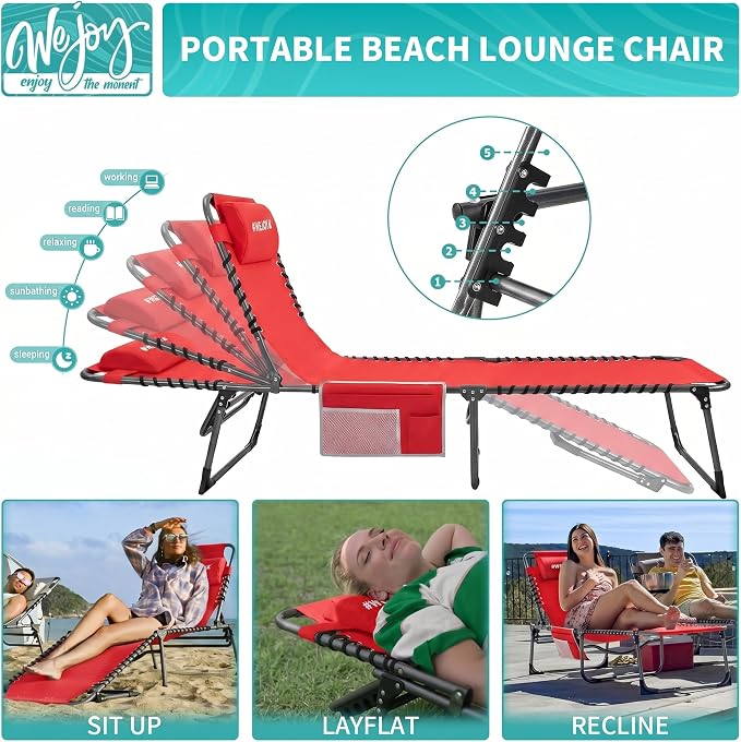 #WEJOY Outdoor Chaise Lounge Chairs, Portable Lounge Chairs for Outside, Adjustable Lightweight Beach Lounge Chair for for Adults, Patio, Pool, Lawn, Camping Tanning Chairs with Pillow, Red