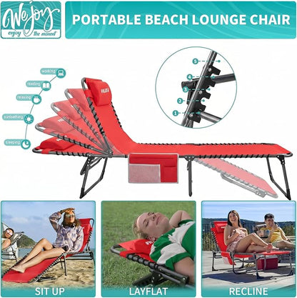 #WEJOY Outdoor Chaise Lounge Chairs, Portable Lounge Chairs for Outside, Adjustable Lightweight Beach Lounge Chair for for Adults, Patio, Pool, Lawn, Camping Tanning Chairs with Pillow, Red