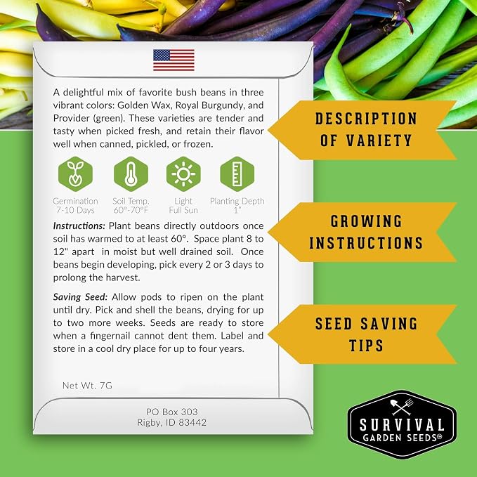 Tri Color Blend Bush Bean Seeds for Planting - Mix of Green, Yellow Wax, & Purple Beans with Stringless Pods - 3 Non-GMO Heirloom High Yield Varieties - Survival Garden Seeds (1 Pack)