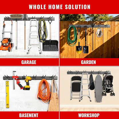 Garage Tool Organizer Wall Mount, Easy to 48inch Install Heavy-Duty Garage Storage System with Adjustable 9 Hooks, Garden Tool Rack for Shovels, Rakes, Yard Tools