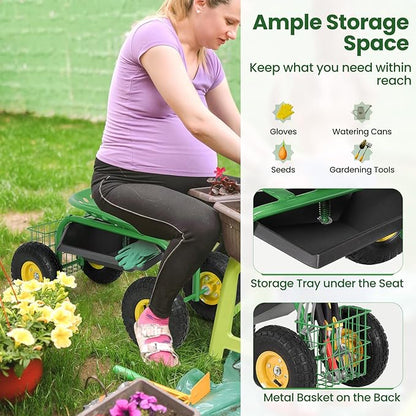 Goplus Garden Seat with Wheels, Rolling Garden Cart with Adjustable 360° Swivel Seat, Tool Tray, Basket for Lawn, Yard, Patio, Heavy Duty Gardening Stool, Outdoor Wagon Scooter for Seniors
