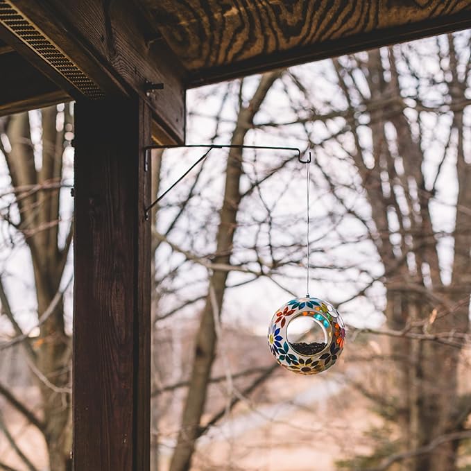 Backyard Expressions Hanging Glass Bird Feeder - Multicolor - Fly Through Bird Feeders for Outside, Mosaic Bird Feeder, Round Shape Wild Birdfeeder