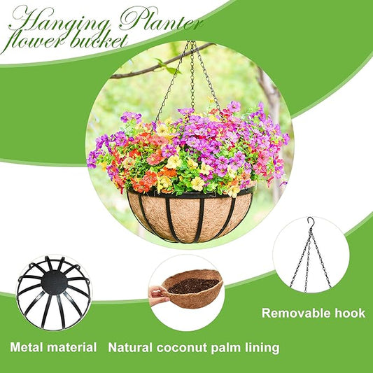 12 Inch Metal Hanging Planter Basket with Coconut Fiber Liner Hanging Plant Flower Pot for Home Garden Patio Decoration,Metal Flat Iron Pattern, 2 Pack
