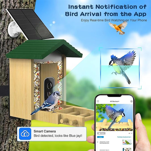 Bird Feeder with Camera,Smart AI Bird Feeder Camera: Auto-Capture 10K+ Species, Real-Time Alerts, Eco Bamboo Design for Birdwatchers