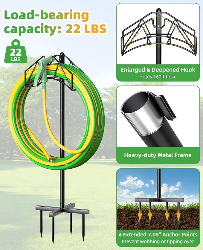 Garden Hose Holder, Heavy Duty Water Hose Holder Holds 150/160ft Hose for Outside, Hose Stand Storage Rack Freestanding with Nozzle Holder & Stable Base,Metal Hanger for Yard Lawn Farm Gardening Tools