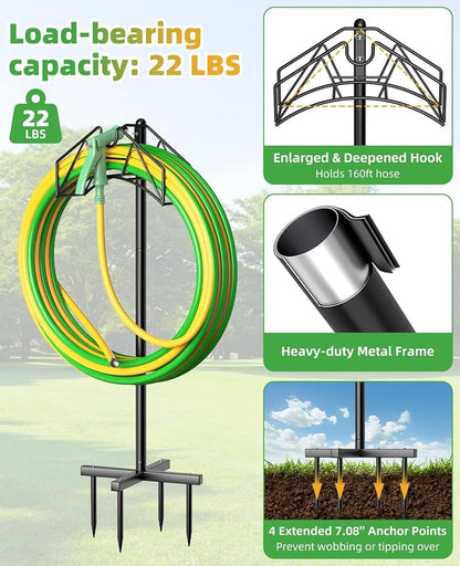 Garden Hose Holder, Heavy Duty Water Hose Holder Holds 150/160ft Hose for Outside, Hose Stand Storage Rack Freestanding with Nozzle Holder & Stable Base,Metal Hanger for Yard Lawn Farm Gardening Tools