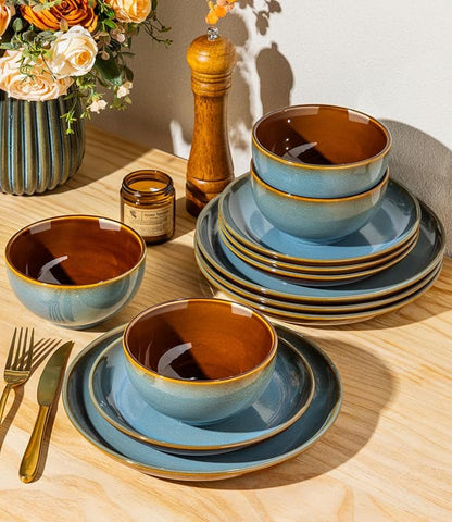 LERATIO Stoneware Dinnerware Sets for 4, 12 Pieces Ceramic Plates and Bowls Sets, Scratch Resistant Dish Set, Oven, Microwave & Dishwasher Safe-Ocean Blue