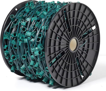 Brightown Commercial 1000 FT Christmas Light Sockets Set Spool, C9 Stringer Bulk Reel with 12" Spacing, E17 Candelabra Base, SPT-1 8-Awg Green Wire