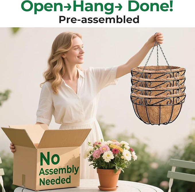 Amagabeli 4 Pack 14 Inch Metal Hanging Baskets Planter Outdoor Round Wire Hanging Basket for Plants with Coco Fiber Liners Chain Plant Holder for Garden Patio Deck Porch Plants Vegetables Flower Pots