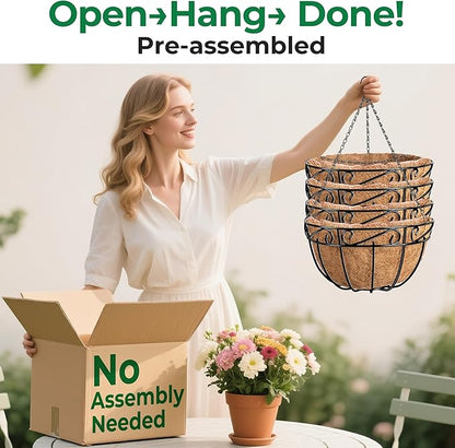 Amagabeli 4 Pack 14 Inch Metal Hanging Baskets Planter Outdoor Round Wire Hanging Basket for Plants with Coco Fiber Liners Chain Plant Holder for Garden Patio Deck Porch Plants Vegetables Flower Pots