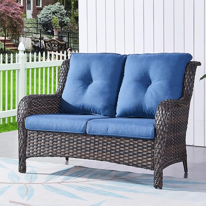 HUMMUH 4 Piece Patio Conversation Furniture Set PE Wicker Rattan Outdoor Loveseat Sofa,Patio Chairs,Coffee Table for Garden,Poolside,Backyard,Deck