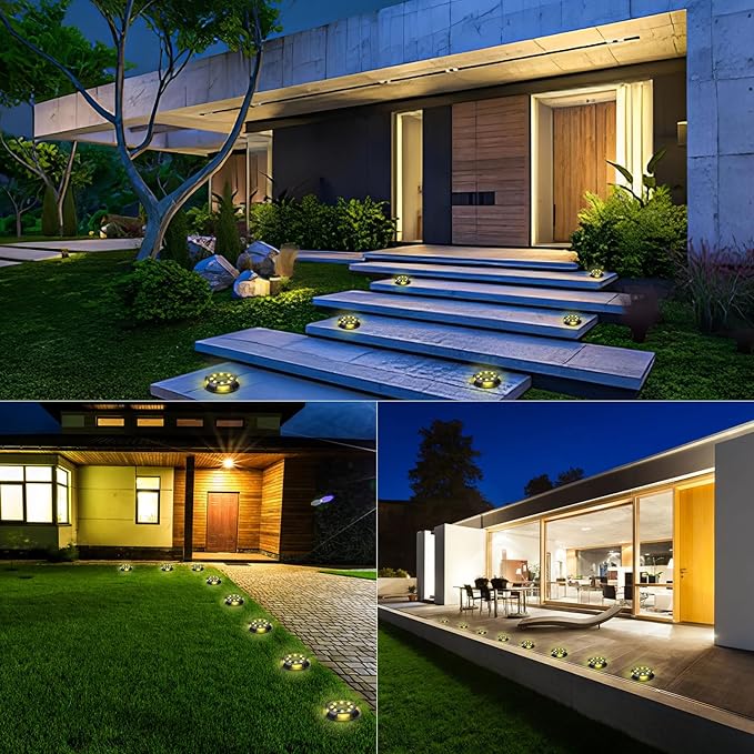 Solar Ground Lights Outdoor Waterproof, 8 Pack 12 LEDs Solar Garden Disk Lights Landscape Lighting for Outside Pathway Deck Yard Patio Lawn Driveway Walkway Deco (Warm Lights)