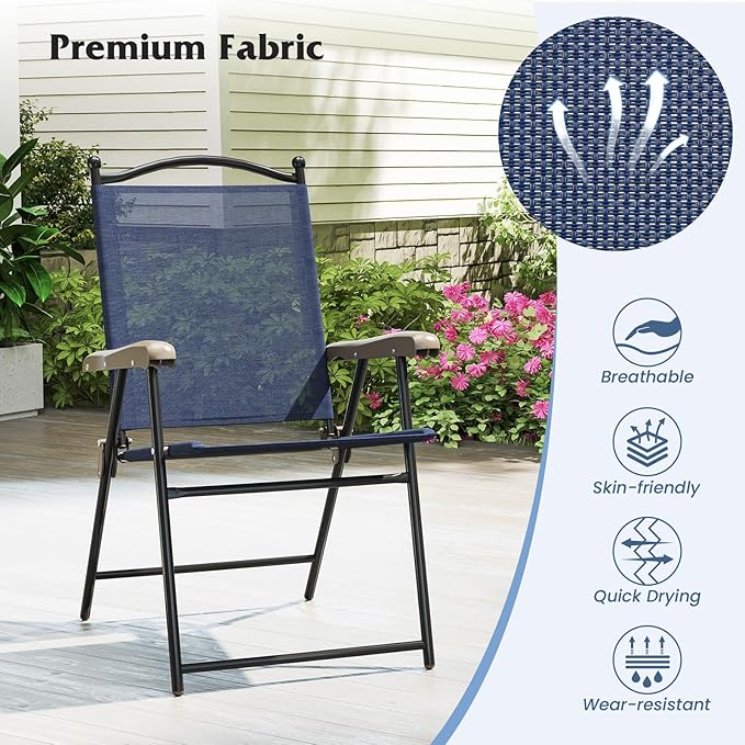 Tangkula Set of 4 Patio Folding Dining Chairs, Outdoor Sling Lawn Chairs with Armrests, Steel Frame, Portable Camping Lounge Chairs for Backyard, Deck, Poolside and Garden, No Assembly (2, Navy)