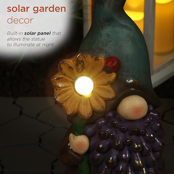 Alpine Corporation MCC852SLR Solar Gnome Holding Flower with Turquoise Hat Statue, Stylish Décor for Garden, Patio, & Lawn, 18" H, Multicolor