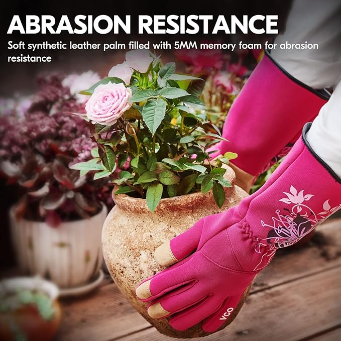 Vgo... 1-Pair Ladies' Synthetic Leather Gardening Gloves, Long Sleeves Gauntlet, Breathable & Grip Work Gloves, High Dexterity, Washable (Size M, Red, SL7445)