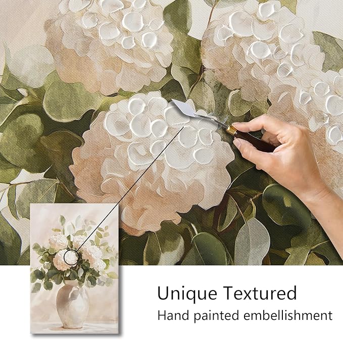 Hand painted Rustic Farmhouse Flower Canvas Wall Art, White Hydrangeas Wall Decor Pictures ,Soothing Calming Nature Botanical Vintage Floral Country Prints Artwork for Bedroom Living Room 16x24in