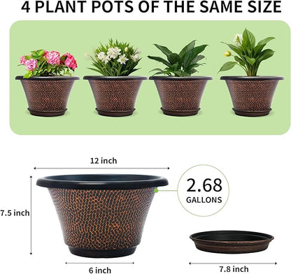 Quarut 12 Inch Pots for Plants,4 Pack Large Flower Pots with Drainage Hole & Saucer,Modern Planters for Indoor Outdoor Plants,Decorative Resin Garden Pots Brown