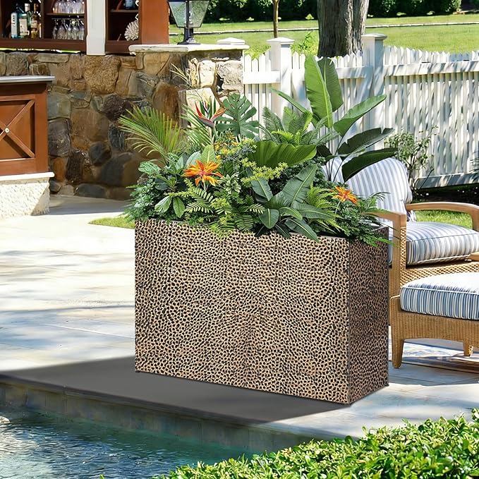 Tall Planters for Outdoor Plants - Hand-Hammered Metal Large Rectangular Block Planter Box with Drainage Holes, Modern Planters Indoor Outdoor Flower Plant Pots Patio Yard Front Porch Deck,32x12x24"