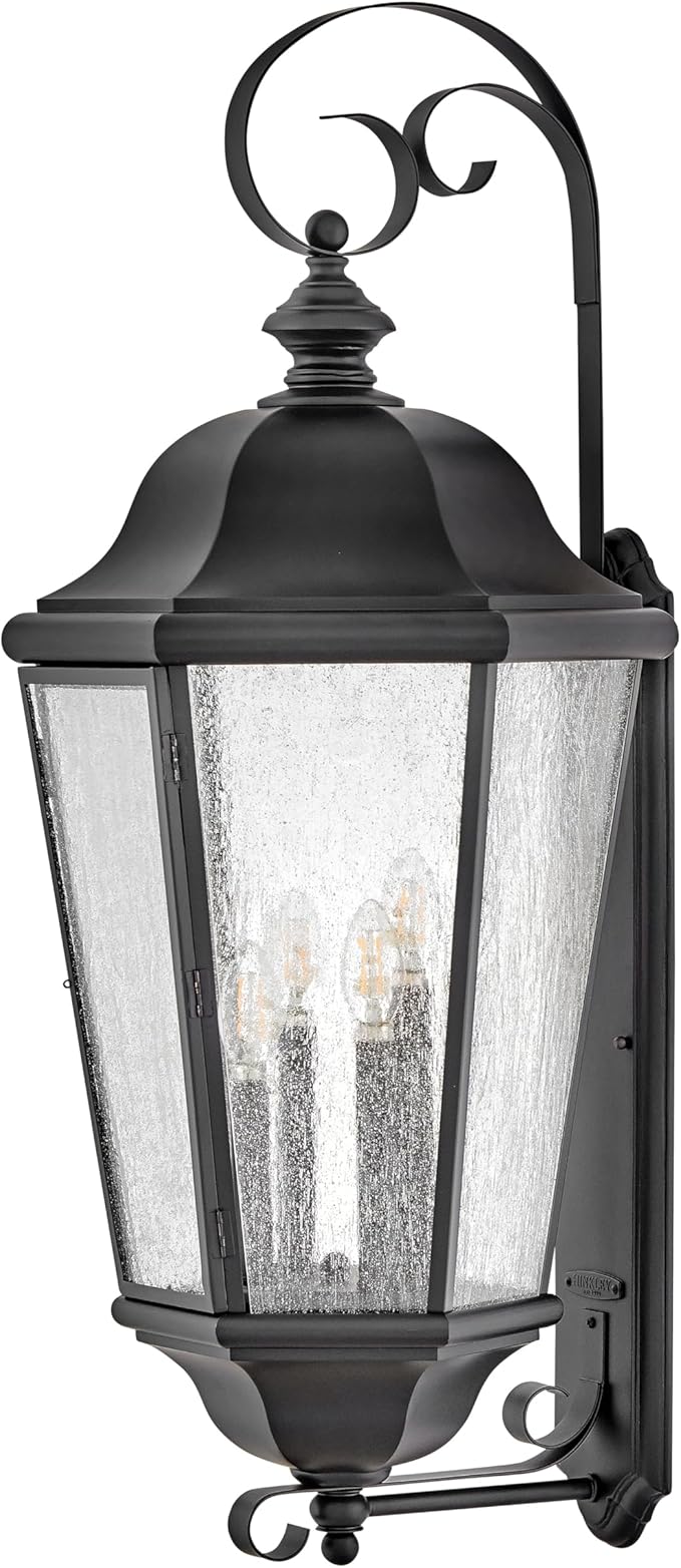 Hinkley Edgewater Outdoor Extra Large Wall Mount Lantern - Clear Seedy Glass, Aluminum - Black Finish