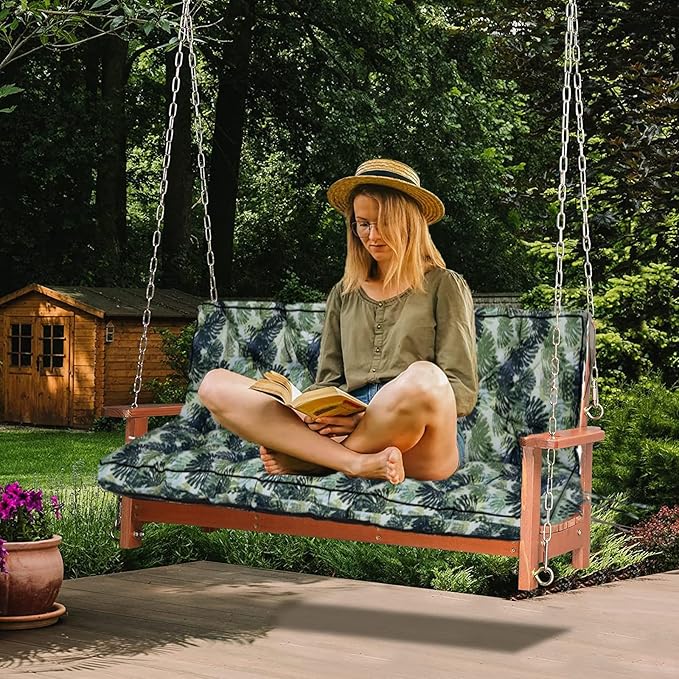 Swing Replacement Cushions with Backrest, 2 or 3 Seater Waterproof Non-Slip Overstuffed Swing Pad, Indoor/Outdoor Bench Cushion for Porch Chair Swing Garden Furniture (Leaves, 40 * 70.8 in)