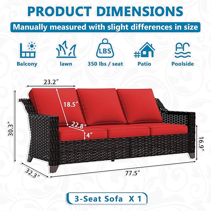 VistaVibe 78" Patio Wicker 3-seat Sofa, Deep Seat & Upholstered Loveseat, Outdoor All-Weather Rattan Couch with Removable Cushions, Steel Frame Couch for Garden, Poolside (Brown/Red)