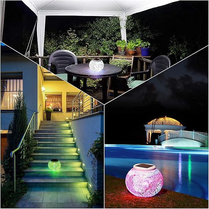 Waterproof Color Changing Table Lamp, Solar Powered Mosaic Glass Ball LED Garden Lawn Night Light Lamps, Party Lights for Home,Yard, Indoor,Outdoor Decoration Lights (Silver)