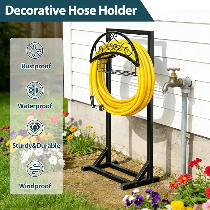 Garden Hose Holder Stand, BOLITE Metal Hanger with Storage Basket, 150ft | Heavy Duty, Freestanding Detachable, Water Hose Holder with Storage Basket, 4 Spikes, Storage Rack for Outside Yard Lawn Farm