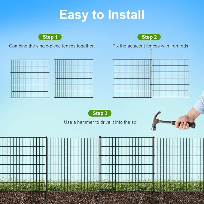 Land Guard 10-Panels No Dig Decorative Fence 30 in(H) x 25 ft(L), Tall Garden Fence Animal Barrier, Removable Fence for Garden, Rustproof Metal Animal Barrier Ground Stakes Fencing
